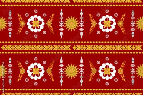vibrant red background features intricate traditional Thai patterns with gold and white floral and geometric designs, creating rich and cultural tapestry
