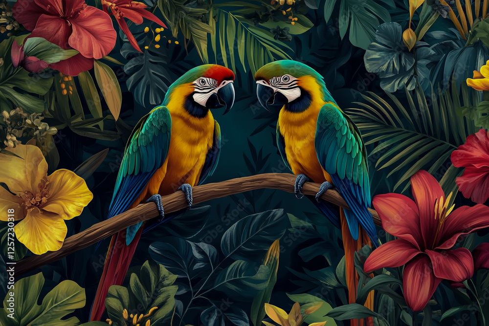 Fototapeta premium A vivid and detailed illustration of two lively parrots perched on a branch in a forest setting.