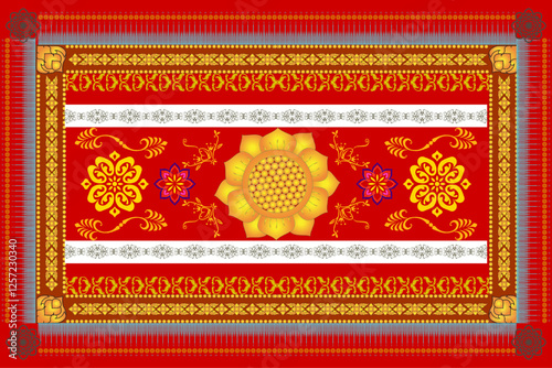This features vibrant, ornate carpet design with central golden floral motif surrounded by intricate red and gold patterns, symbolizing cultural richness and artistic craftsmanship