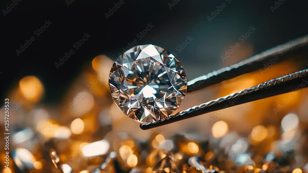 Beautiful diamond held by tweezers over a sparkling background of smaller gemstones in a well-lit setting