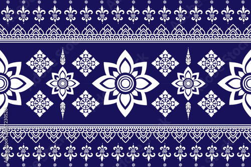 seamless floral pattern with intricate geometric shapes and decorative elements in white on deep blue background, creating traditional and elegant design