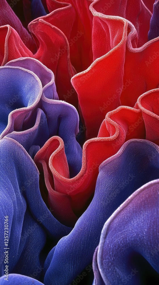 Obraz premium Abstract red blue fabric waves, close-up texture, background blur, design wallpaper