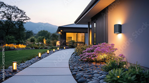 Modern House Exterior With Pathway And Garden Lighting At Dusk