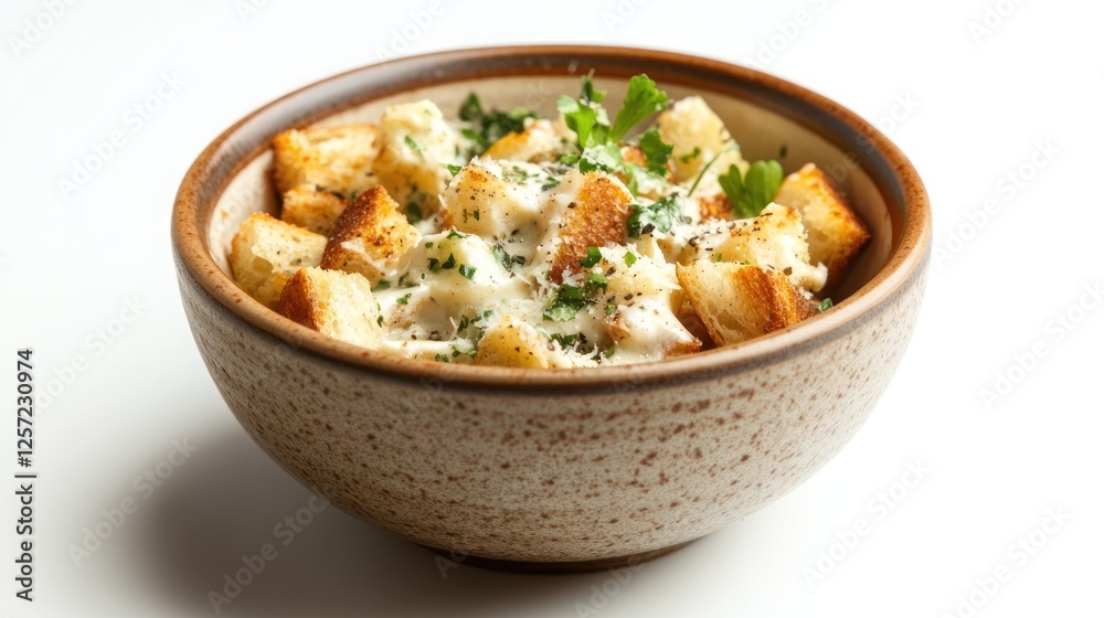 Rustic bowl brimming with creamy croutons and herb infusion delight Rustic bowl brimming with creamy croutons and herb infusion delight