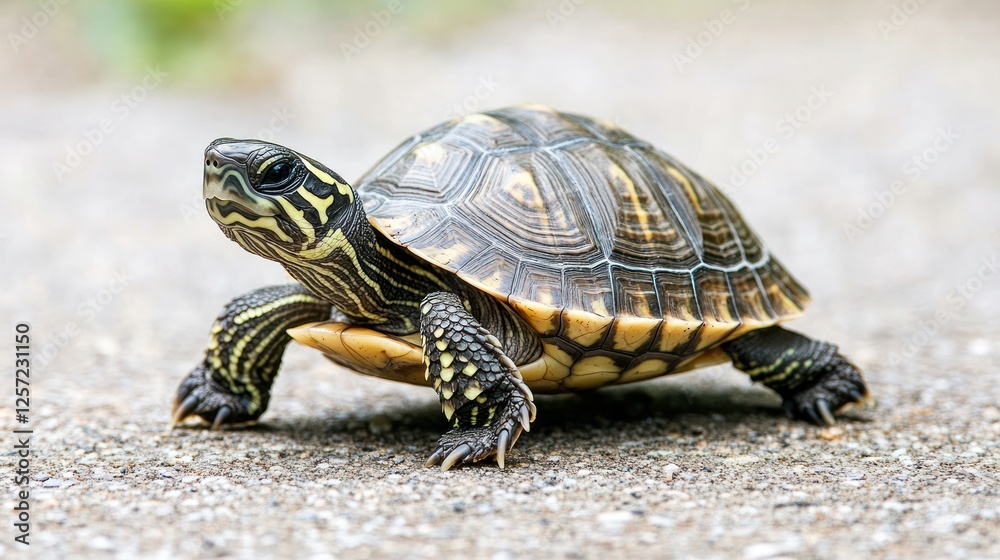 Small turtle walks forward on a textured gray surface Small turtle walks forward on a textured gray surface