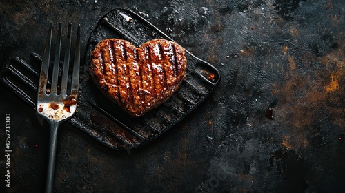 heart shaped beef burger patty on a grilled spatula. dark background place for text. valentines day celebration concept