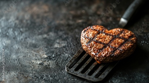 heart shaped beef burger patty on a grilled spatula. dark background place for text. valentines day celebration concept