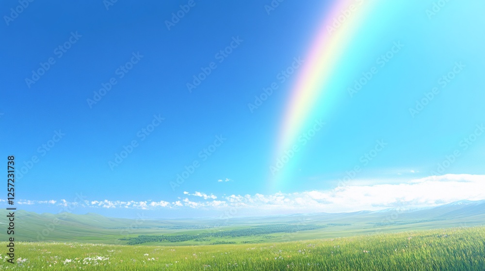 Rainbow over grassy field, mountains, clear sky Rainbow over grassy field, mountains, clear sky