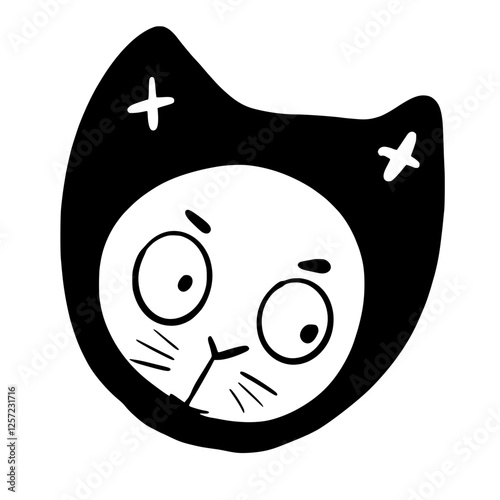 Cat, Kitten, Party, Funny, Cute, Doodle, Cartoon, Sketch, Blackwork, Lineart, Whimsical, Minimal, Hat, Silly, Comic, Quirky, Illustration, Ink, Monochrome, Hand-drawn, Feline, Character, Artistic, Pla