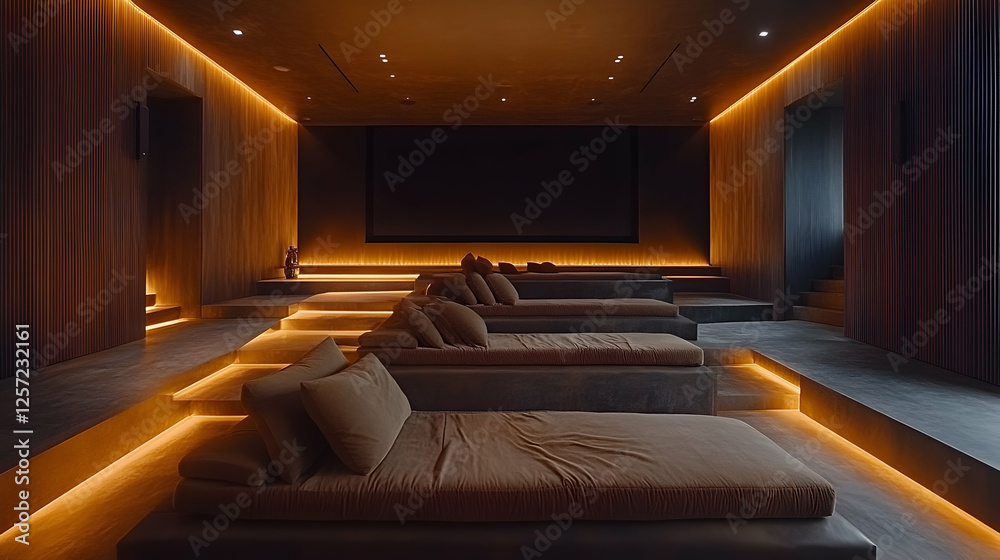 Fototapeta premium Photo: Luxurious Home Theater Interior Design, Ambient Lighting, Tiered Seating