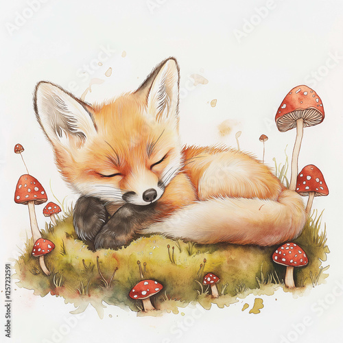 Sleeping fox surrounded by mushrooms in whimsical forest setting. illustration features soft colors and detailed textures, creating serene and enchanting atmosphere
