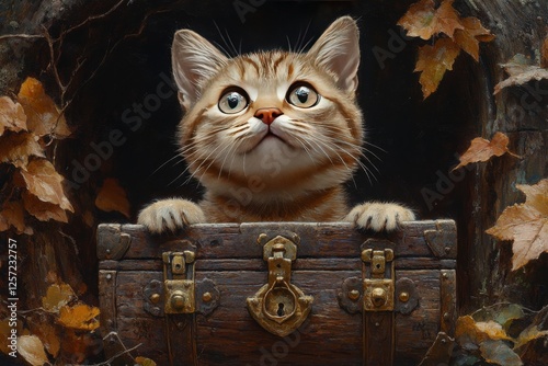 A cat pawing at a mysterious treasure chest hidden among forest vines. Generative AI