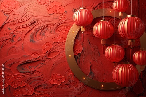 Lunar New Year Design Background, with Circle Frame and Lanterns on 3D Pattern. Red Eastern Template with copy-space.