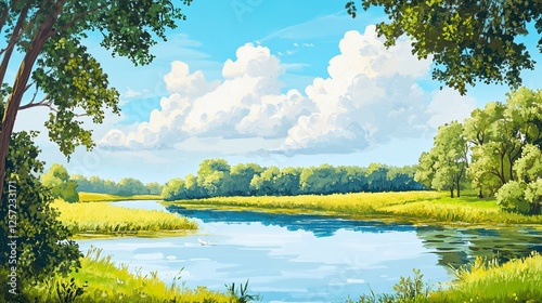 Landscape with the image of a russian summer river countryside