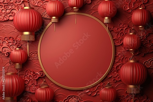 Lunar New Year Design Background, with Circle Frame and Lanterns on 3D Pattern. Red Eastern Template with copy-space.