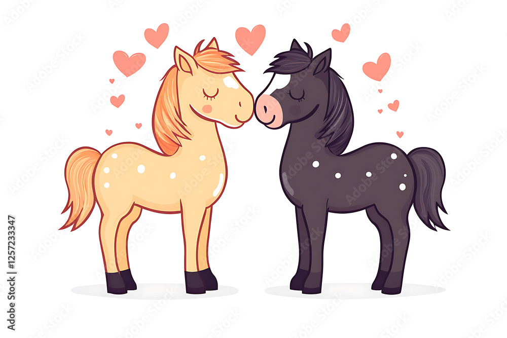 Cute cartoon horses in a romantic pose surrounded by hearts, symbolizing love and friendship Cute cartoon horses in a romantic pose surrounded by hearts, symbolizing love and friendship