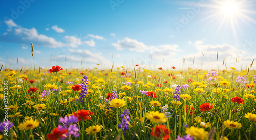 Colorful flower meadow with sunbeams and blue sky and bokeh lights in summer - nature background 