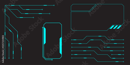 HUD digital futuristic user interface horizontal frame. Sci Fi high tech screen. Cyberpunk game menu touching monitoring hologram dashboard panel. Cyberspace head-up display information vector border