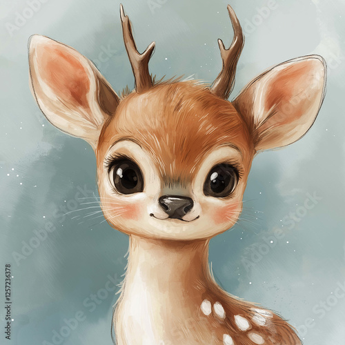 Cute cartoon deer with big eyes and small antlers, featuring soft color palette and friendly expression. Perfect for children illustrations and animal themed designs