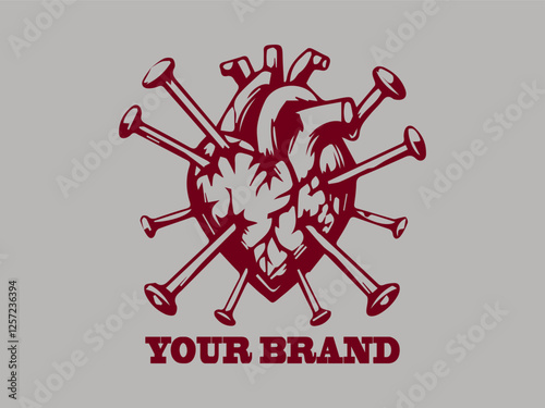 Logo background damaged heart with nail vector design, vector illustration of a nail piercing a heart logo design and the heart is red