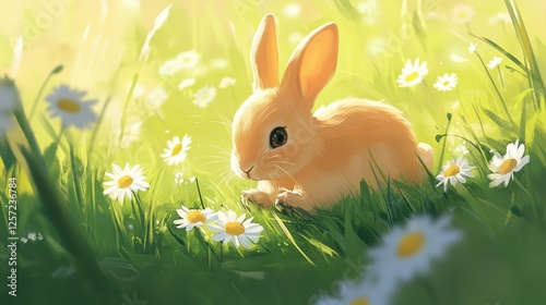 Adorable baby bunny rests peacefully among green grass and daisies photo