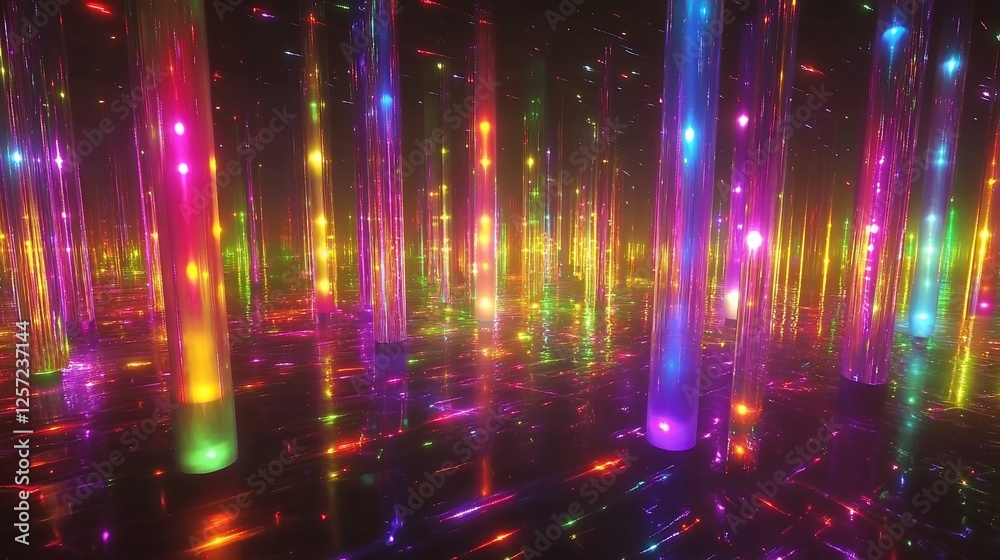 Obraz premium Neon Lightscape: A Psychedelic Journey Through a Rainbow Forest of Glowing Pillars