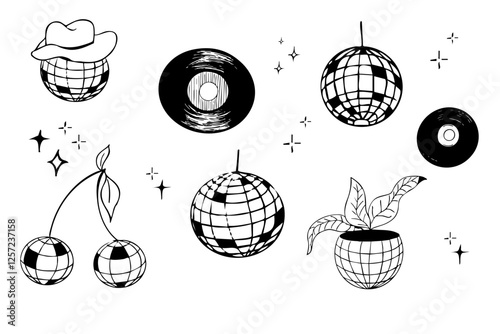 Disco ball doodle line tattoo y2k coquette trendy groovy decoration. Retro dance party line hand drawn design elements. Disco ball with stars, sketch