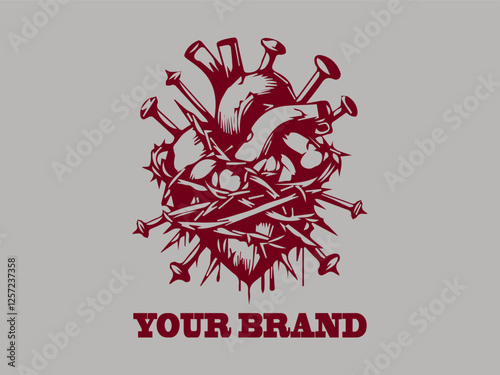 Logo background damaged heart with nail vector design, vector illustration of a nail piercing a heart logo design and the heart is red