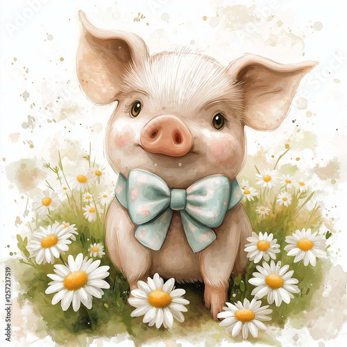 Cute piglet with bowtie surrounded by daisies in grassy field