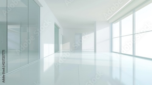 Minimalist White Modern Office Interior Design: Sunlight Streaming Through Large Windows