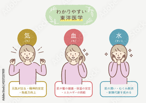 東洋医学の説明イラストセット（気・血・水）