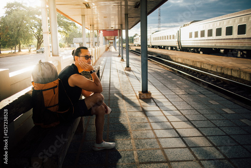 Man tourist backpacker sit at the platform wait for the train. photo
