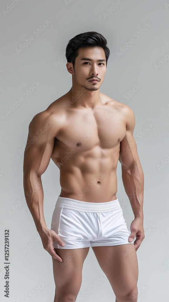 Fototapeta premium Athletic Asian Male Model Showcasing Elegance