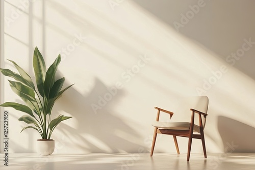 Sunny room, chair, plant, minimalist interior design, mockup photo