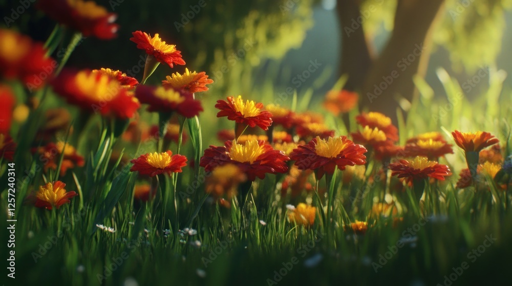 Vibrant marigold flowers bloom in a sunlit grassy meadow