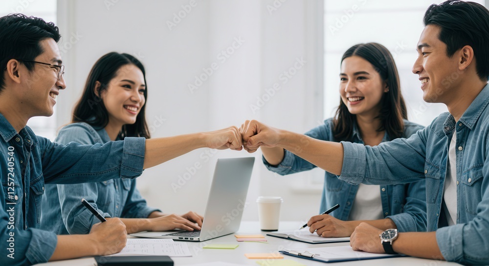 Happy colleagues business partners friends college students classmates giving fist bump while working studding doing home work create start up project together at the working desk Happy colleagues business partners friends college students classmates giving fist bump while working studding doing home work create start up project together at the working desk