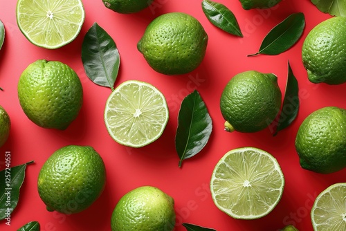 Seamless pattern from limes on a red background.