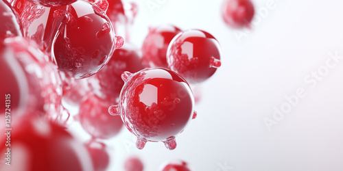 A futuristic representation of glowing red liquid spheres floating in a bright background, symbolizing blood cells, biology, and medical research.  