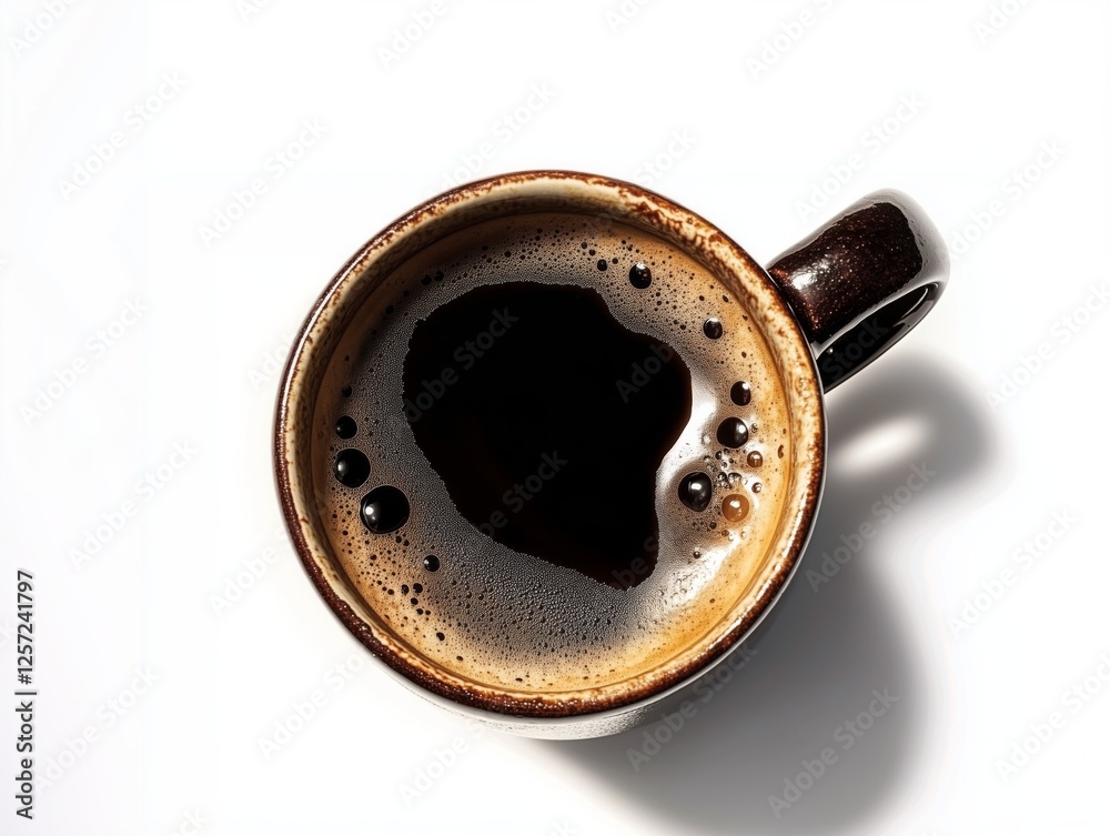 Hot black coffee with foam, ceramic mug, top view. Hot black coffee with foam, ceramic mug, top view.