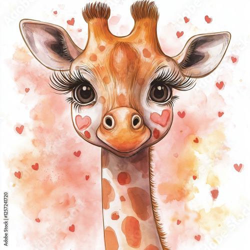 Cute giraffe illustration with big eyes and heart patterns, surrounded by soft pink watercolor splashes. Perfect for children decor or animal themed designs