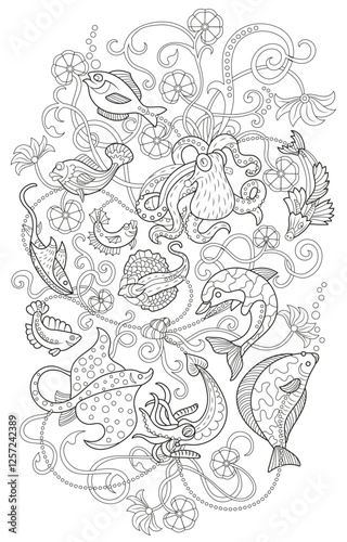 Line art vector illustration of fish, sea animals and plants. Zentangle style art with boho patterns. Hand drawn sketch for antistress, coloring page for children and adults, decoration, cards