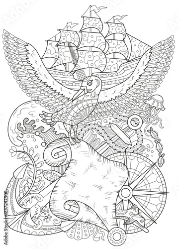 Line art vector illustration with ship, gull and navigation devices. Zentangle style art with boho patterns. Hand drawn sketch for antistress, coloring page for children and adults, decoration, cards