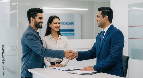 Couple handshake mortgage officer worker, accept bank loan terms and rates feel satisfied. Make financial deal, take credit, buying insurance cover, receive professional consult, sign contract concept