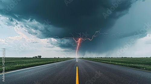 Stormy Landscape With Lightning Strike On Road