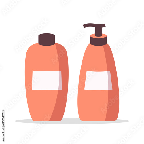 Two orange shampoo and conditioner bottles with blank labels in a simple illustration style on a white background. Concept of hair care products