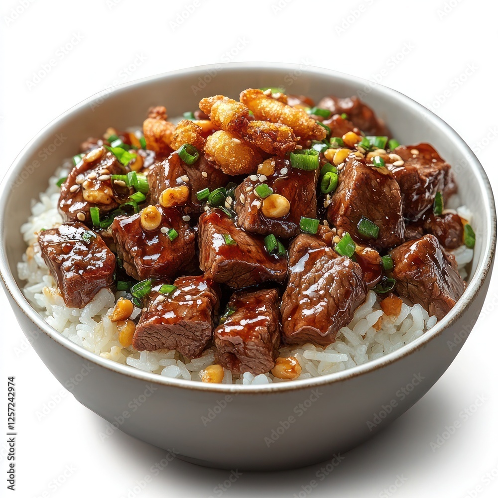 a bowl of beef ginger loaded with the freshest ingredients, garnished with chopped spring onions and sesame seeds a bowl of beef ginger loaded with the freshest ingredients, garnished with chopped spring onions and sesame seeds