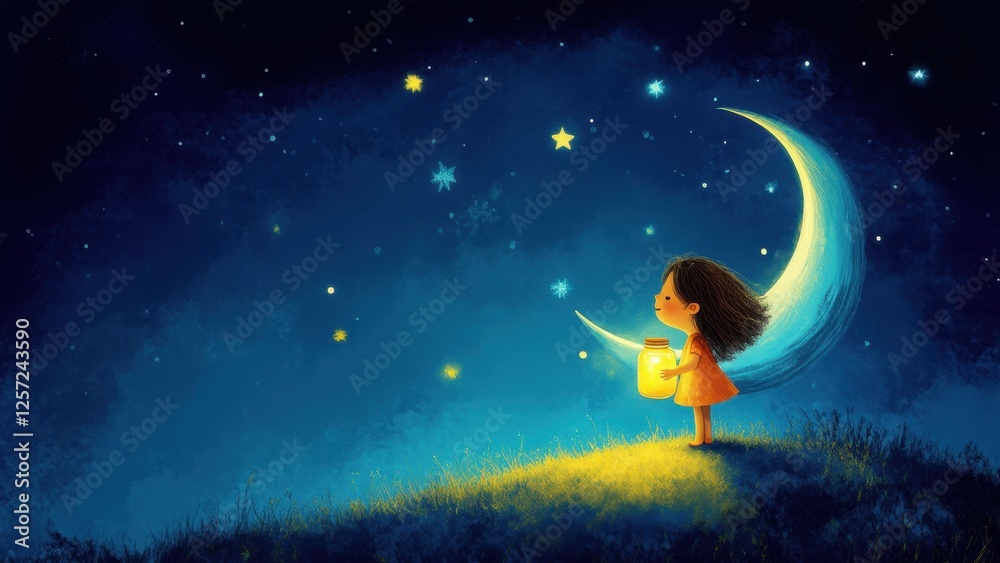Fototapeta premium at night, under the crescent moon, a cute little girl standing on a hill