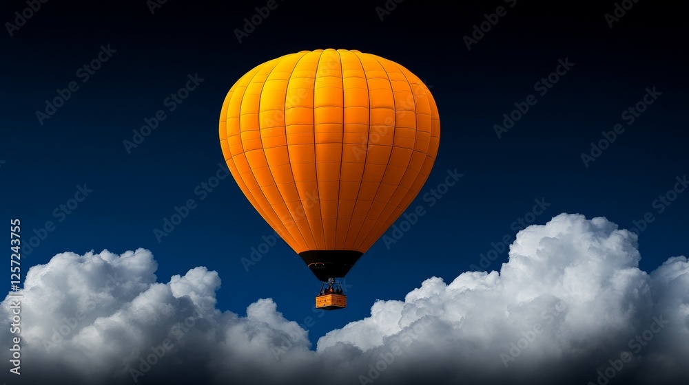 Fototapeta premium Vibrant Orange Hot Air Balloon Floating Above Fluffy White Clouds