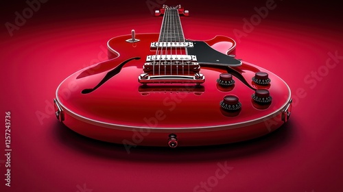 Red Electric Guitar Close-up on Crimson Background