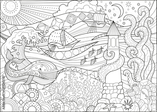 Wallpaper Mural Line art vector illustration with whale, light house and sea life. Zentangle style art with boho patterns. Hand drawn sketch for antistress, coloring page for children and adults, decoration, cards Torontodigital.ca